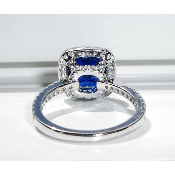925 STERLING SILVER Cushion Cut Blue Spinel & Cubic Zirconia Halo Ring - Picture 11 of 16